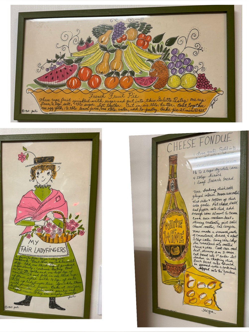 Set of 3. Vintage-Style Framed Kitchen Prints - by Jacque.  9”x17” approx.